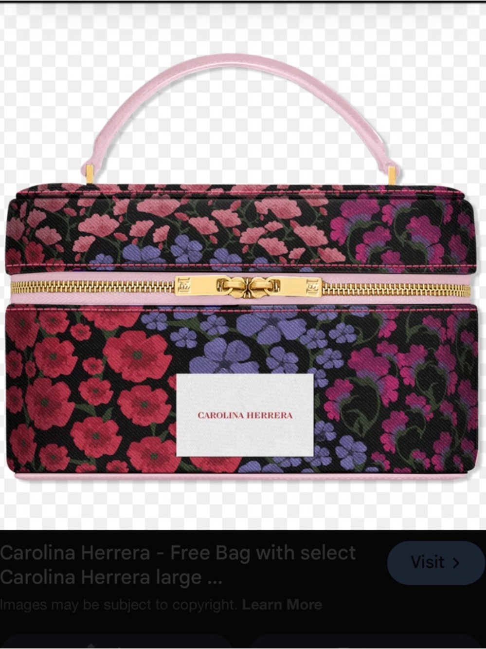 Carolina Herrera Black Floral Canvas Vanity Case with Pink Handle